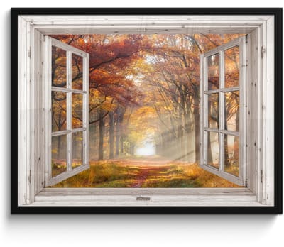 Poster in lijst - Fotolijst 70x50 cm - Posters - Herfst - Bos - Bomen - Natuur - Doorkijk - Posterlijst zwart - Decoratie - Wanddecoratie woonkamer - Muurdecoratie slaapkamer