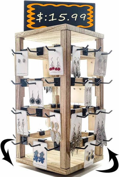 Roterende Houten Sieraden Display Standaard met Klembord - 48 Haken voor Oorbellen, Kettingen en Armbanden
