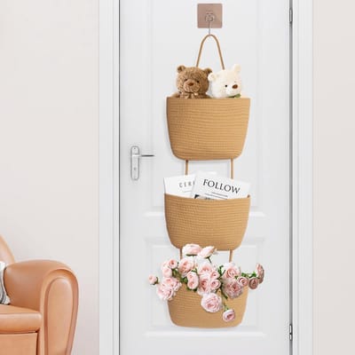 Cosensi - Wandopslagmand - Handgeweven Basket - Minimalistisch - Khaki - Opbergmand - Geschikt voor slaapkamer, woonkamer, badkamer - Met 3 niveaus