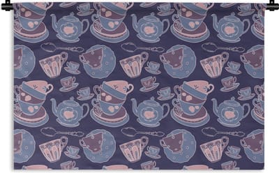 Wandkleed - Wanddoek - Patroon - Thee - Kop - Theepot - 180x120 cm - Wandtapijt
