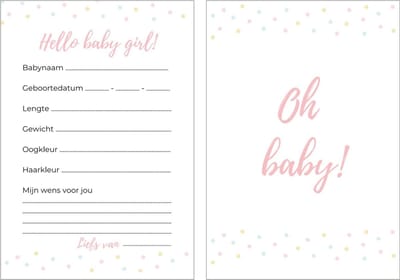 Babyshower invulkaarten 20 stuks | babyshower | babyshower voorspellingskaarten | babyshower kaarten | babyshower spelletjes | babyshower meisje | roze