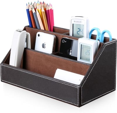 Multifunctionele bureau organizer - Houten structuur - PU leder - Pennenhouder - Bruin Bureau organizer