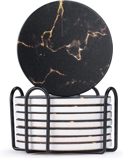 iBright Onderzetters voor glazen - Set van 8 met houder - Absorberend - Rond - Zwart / Goud - Marble - Marmer Design - Coasters