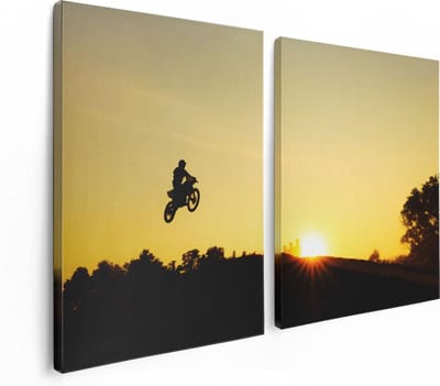 Artaza Canvas Schilderij Tweeluik Silhouet Van Een Motorcross Bij Zonsondergang - 120x80 - Foto Op Canvas - Canvas Print