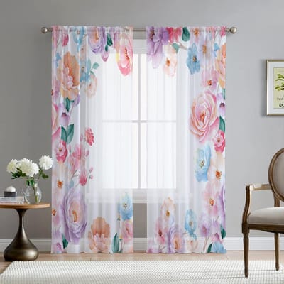 Aquarel bloemen puur voile gordijn voor woonkamer eetkamer slaapkamer draperen keukenraam transparant chiffon tule gordijn 1 PCS W100XH250cm&Grommet Top white