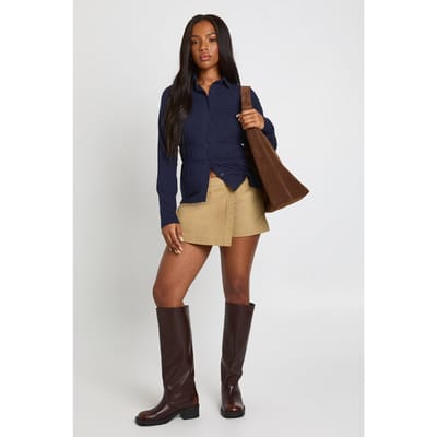boohoo Dames Langmouwshirt met doorlopende knoopsluiting en geplooide details | Navy | Maat: 12
