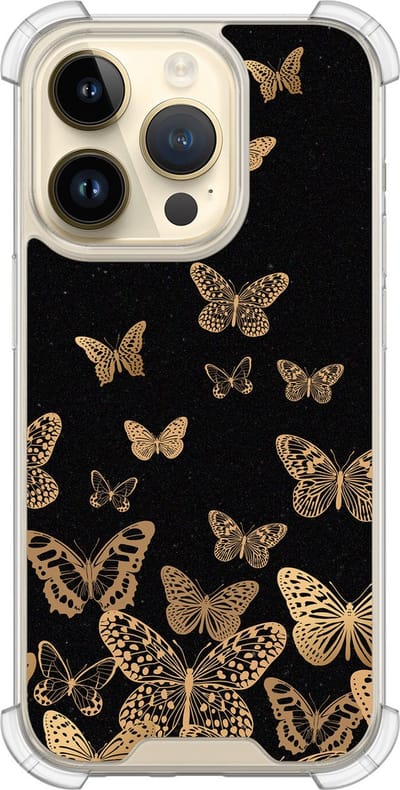 Shockproof hoesje - Geschikt voor iPhone 14 Pro - Vlinders - Extra sterke case - TPU/polycarbonaat - Print / Illustratie - Goud, Transparant