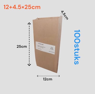 Papieren Zakjes - 100 stuks - bruin - 12x4.5x25 cm - met Zijvouw - Voor Brood, Fruit, Cadeaus & Koekjes