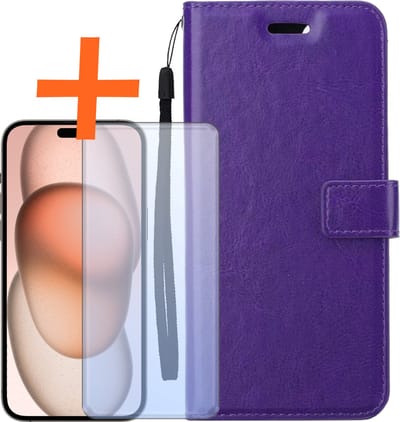 Hoes - Met Screenprotector - Geschikt voor Apple iPhone 15 - Luxe Pasjeshouder - Bookcase Portemonee - Flip Case - Kunstleer Book Case - Flipcase - Book Cover - Walletcase - PortemonneeHoes - Paars