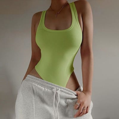 Damestops U-hals onderhemd Mouwloze jumpsuit Slanke effen kleur Veelzijdige dieptepunten L groen