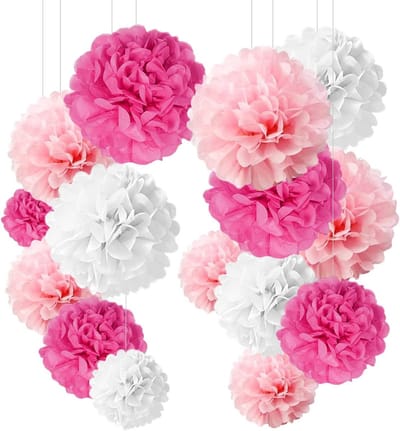 JGS Premium - 24 Stuks Zijdepapier Pompon Roze Bruiloft Slaapkamer Meisjes Doopdecoratie