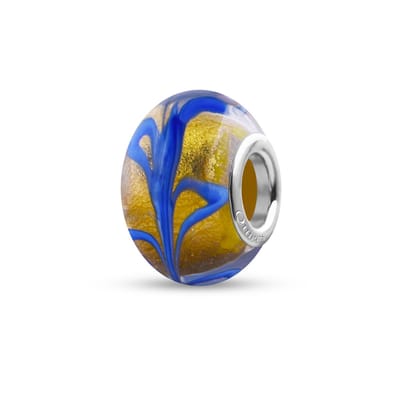 Quiges - Glazen - Kraal - Bedels - Beads Goud met Blauwe lijntjes Past op alle bekende merken armband NG2023