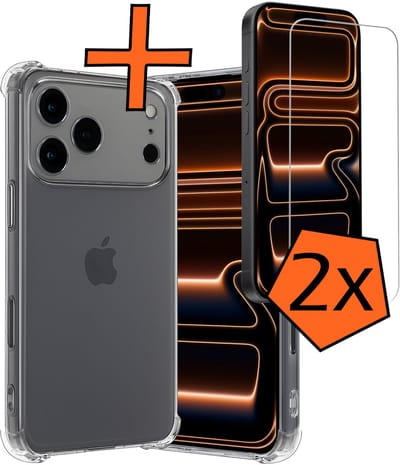 Hoes - Met Screenprotector - 2 Stuks - Geschikt voor Apple iPhone 17 Pro - Sterk & Shockproof - Siliconen Case - Back Cover - Telefoon Hoes - Shock Proof - Transparant