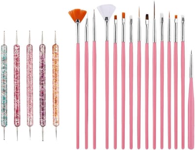Professionele 20-delige Set Nagelborstels met 5 Dubbelzijdige Dotting Pens voor Nagelkunst en Gelverf, Ideaal voor Creatieve Nagelontwerpen en Nail Art Tools