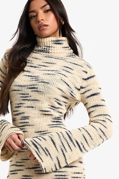 boohoo Dames Premium Marl Gebreide Rolkraag Midi Jurk | Steen | Maat: Small