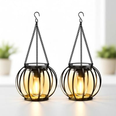 Maison Elara Solar lampen voor buiten opknoping, 2 stuks metalen solar lantaarns met LED-lamp, IP65 waterdicht, tuindecoratie met haak en ketting voor terras gazon