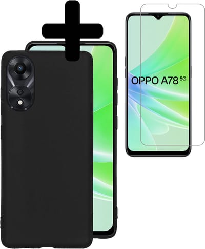 Hoesje - Met Screenprotector - Geschikt voor OPPO A78 5G - Sterk & Shockproof - Back Cover - Siliconen Case - Telefoon Hoes - Telefoonhoesjes - Zwart