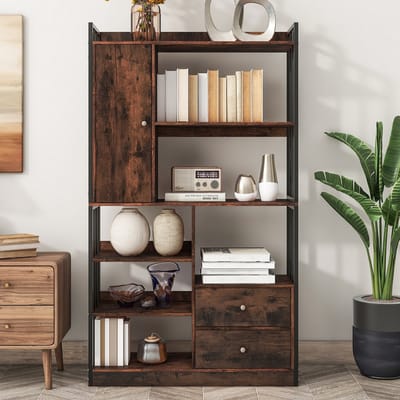 Sweiko Boekenplank, 6-plank Boekenplank met deuren en lades Vloer tot plafond Boekenplank, Industriële Boekenplank, Stalen Plank, Antiek Bruin