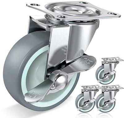 Zwenkwielen 75 mm met zijremmen - TPR werkbank wielen, 227 kg draagvermogen (set van 4)