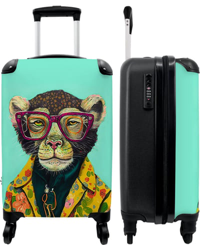 NoBoringSuitcases.com® - Handbagage koffer lichtgewicht - Reiskoffer trolley - Design - Roze - Bril - Aap - Dieren - Reis rolkoffer met wieltjes - Cabin koffertje klein - Carryon valies - Harde bagagekoffer - Past binnen 55x40x20 en 55x35x25