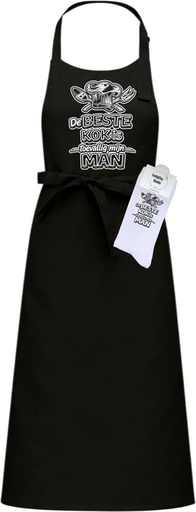 Keukenschort en sokken met tekst - Giftset - De beste kok is toevallig mijn man - Moederdag - Vaderdag - Zwart - Verstelbaar - Cadeau idee - Verjaardag - Cadeau dames en heren - Liefste Opa en Oma cadeau - Kerst cadeau - Grappig cadeau - Onesize