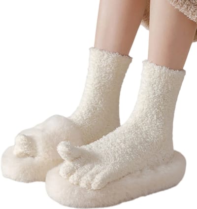 Herfst Winter Vrouwen Dikke Coral Fleece Vijf Vinger Sokken - Zachte Split Teen Sokken voor Thuis, Slaap, Vloer en Warme Voeten
