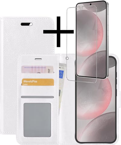 Hoesje - Met Screenprotector - Geschikt voor Samsung Galaxy S24 - Luxe Pasjeshouder - Bookcase Portemonee - Flip Case - Kunstleer Book Case - Flipcase - Book Cover - Walletcase - Portemonneehoes - Wit