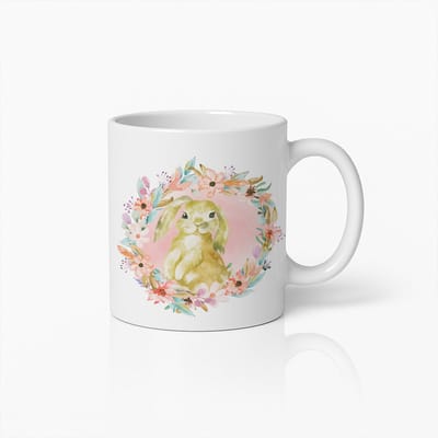 Schattige Konijnen Mok met Bloemenkrans – Paas Cadeau, Lente Koffiebeker, Konijnenliefhebber Geschenk