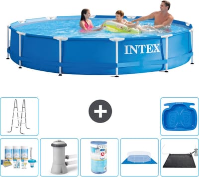 Intex Rond Frame Zwembad - 366 x 76 cm - Blauw - Inclusief Onderhoudspakket - Zwembadfilterpomp - Filter - Grondzeil - Solar Mat - Ladder - Voetenbad - 8-delig