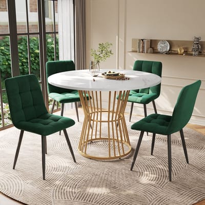 Eettafelset - Ø100 cm - 5-delig + 4 Stoelen - Samt Stoelen - MDF Tafelblad - Wit / Groen / Goud