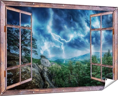 Gards Tuinposter Doorkijk Onweer in het Bos - Bliksem - 180x120 cm - Tuindoek - Tuindecoratie - Wanddecoratie buiten - Tuinschilderij