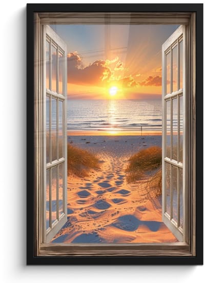 Poster in lijst - Fotolijst 40x60 cm - Posters - Doorkijk - Strand - Duinen - Zonsondergang - Posterlijst zwart - Decoratie - Wanddecoratie woonkamer - Muurdecoratie slaapkamer