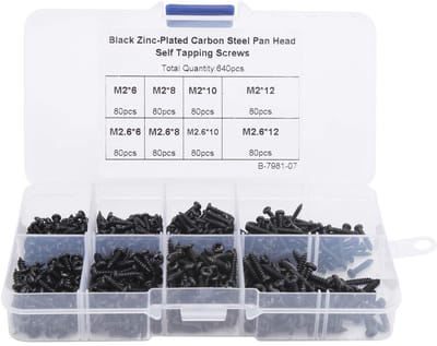 Dailygoods- Schroeven 640-delige Set - Bevestigingsassortiment - Koolstofstaal - Bolkop - Zwart - Diverse M2/M2.6 maten - Bevestigingsmateriaal