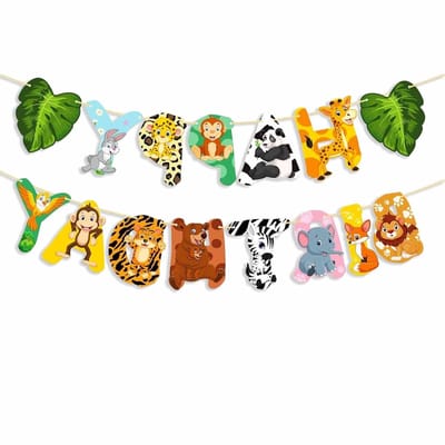 Jungle verjaardag versiering banner voor een feestelijke sfeer met dieren en bladeren