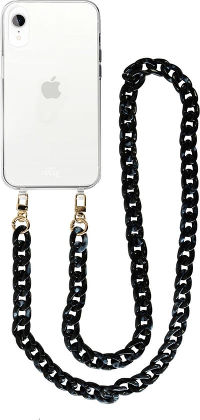 xoxo Wildhearts silicone case met koord - Transparant telefoonhoesje met koord - telefoonketting - Marble Black - Lang koord - Cord Case - geschikt voor Apple iPhone XR hoesje - Ketting met marmere look - marmer - zwart