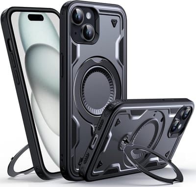 Magsafe Hoesje Geschikt voor iPhone 15 Plus / 14 Plus Hoesje Zwart - Armor Hoesje met Met Draaibare Ring Houder