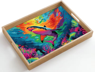 Dienblad hout 50x35 cm - Schootdienblad - Haai - Koraalrif - Abstract - Kleurrijk - Borrelplank rechthoek - Plateau dienbladen