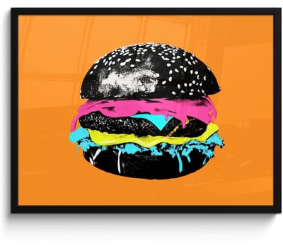 Poster in lijst - Fotolijst 80x60 cm - Posters - Hamburger - Oranje - Neon - popart - Posterlijst zwart - Decoratie - Wanddecoratie woonkamer - Muurdecoratie slaapkamer