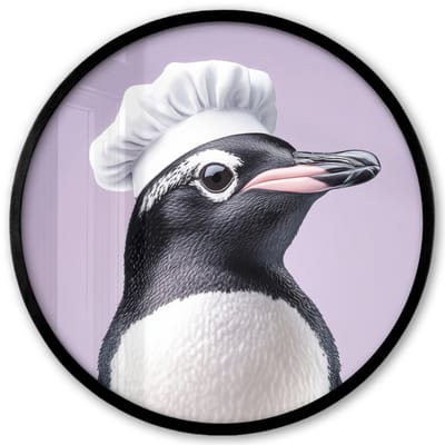 Poster in lijst Rond - Fotolijst 40x40 cm - Posters - Pinguïn - Koksmuts - Lief - Paars - Ronde posterlijst zwart - Decoratie - Wanddecoratie woonkamer - Muurdecoratie slaapkamer