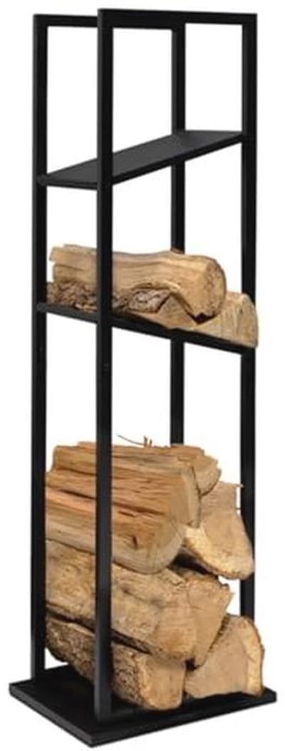 Opslag voor open haard met 2 legplanken - Stalen haardhoutrek zwart, hoogte 112 cm