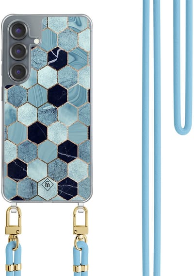 Casimoda® hoesje met koord - Geschikt voor Samsung S25 - Blue Cubes - Afneembaar koord - TPU/polycarbonaat - Blauw