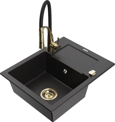 Mexen Enzo granieten gootsteen 1-bak met afdruiprek en keukenmengkraan Aster, zwart/zilver metallic - 6506-73-73450-57-G