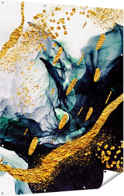 Gards Tuinposter Abstracte Kunst - Zwart Wit met Gouden Strepen - 120x160 cm - Tuindoek - Tuindecoratie - Wanddecoratie buiten - Tuinschilderij