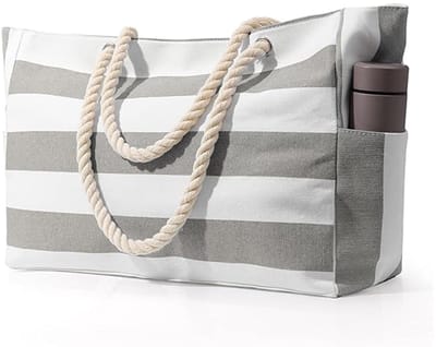 Dames Strandtas - Strandtas met Ritssluiting - Groot - Tote Bag - Waterdichte Strandtas - Tussenlaag met Ritsvak - Waterdichte en Zanddichte Zwemtas - Grote Handtas - Schattige Oversized Meisjes Reis Zwemtas - Grijs