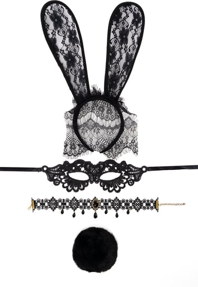 KIMU® Haarband Set Bunny Zwart Kant Sluier - Konijn Oren, Masker, Staart & Choker - Kanten Diadeem Konijnenoren Masker Oortjes Paashaas Staartje Playboy Lace Sexy Ketting Festival