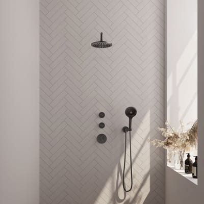 Brauer Gunmetal Edition thermostatische inbouw regendouche SET 09 met 20 cm douchekop en gebogen muurarm en 3-standen handdouche en doucheslang en wandaansluitbocht gunmetal geborsteld PVD