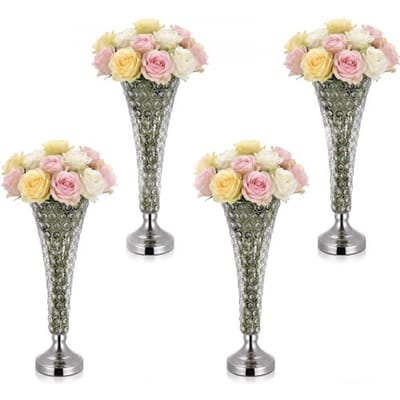VEVOR 4 stuks trouwvazen, bloemvazen ​​voor bruiloften, 51 cm hoog, metalen bloemvazen ​​met kristallen bloemstandaards, trompetvaas voor bruiloften, feesten, jubilea en ceremonies, zilverkleurig