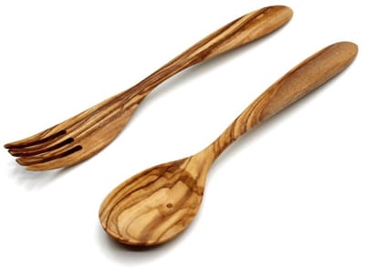 Dailygoods- Bestekset 2-delig - Olijfhouten Bestek - Handgemaakt - Mediterraan Design - Duurzaam - Perfect voor Salades/Soepen - Eetbestek