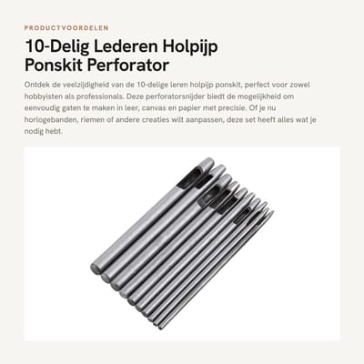 Dailygoods- Ponskit 10-Delig - Perforatorsnijder voor Leer/Papier - Stalen Gat 0,5-5mm - Geschikt voor Riem/Canvas - Gewicht 180g - Lengte 10cm - Ponsgereedschap