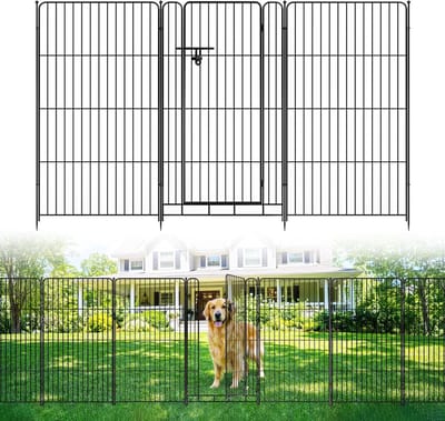 Tuinafschermingspanelen van 90 cm hoog (set van 10, 6,8 m) – Metalen hondenomheining voor buiten zonder graafwerk, met poort – Roestvrije decoratieve tuinafwerking – Tijdelijke afscheiding voor dieren & speelbox voor puppy’s